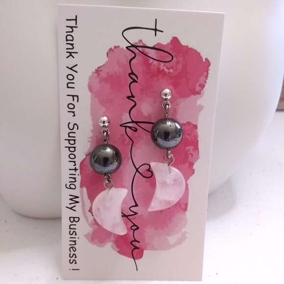 Emotional Balance: Handmade Quartz Moon & Hematite Dangle Earrings - Picture 1 of 10
